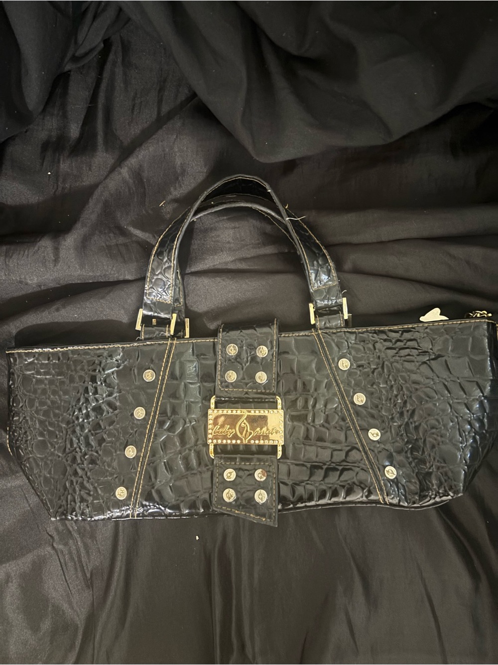Baby Phat Black Croc-Embossed Shoulder Bag with Gold Plaque